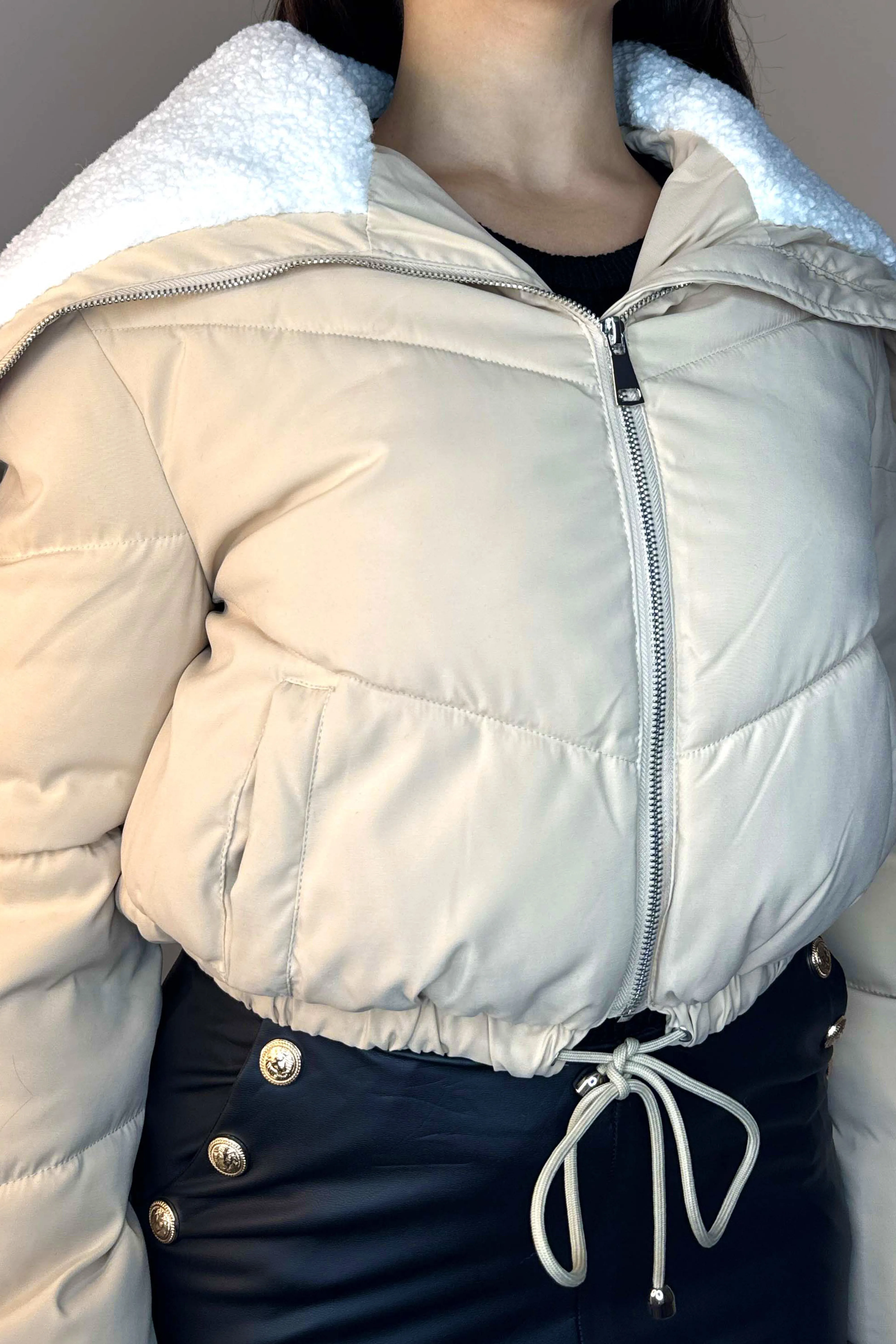 Borg Trim Bell Sleeve Cropped Spring Puffer Jacket