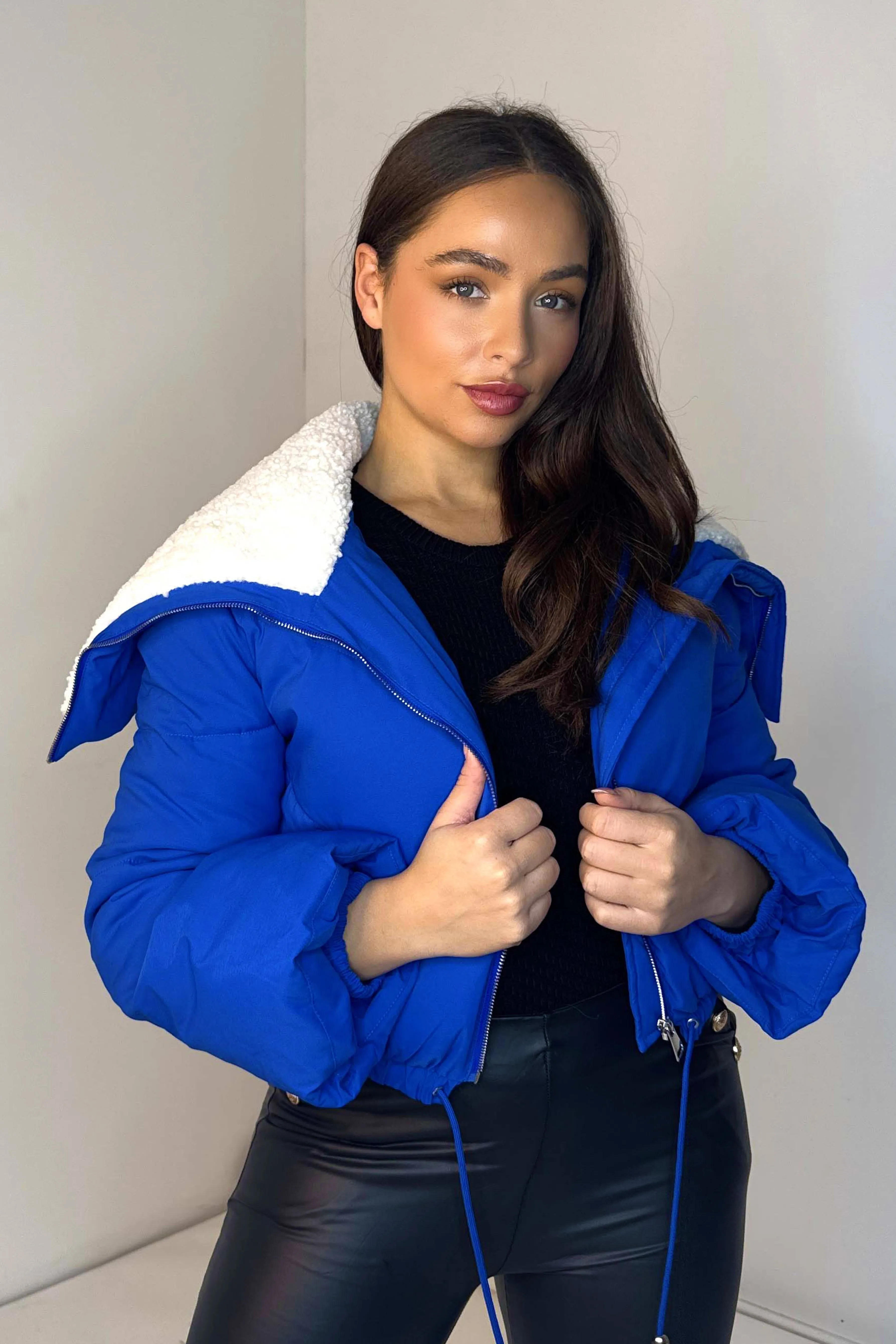 Borg Trim Bell Sleeve Cropped Spring Puffer Jacket