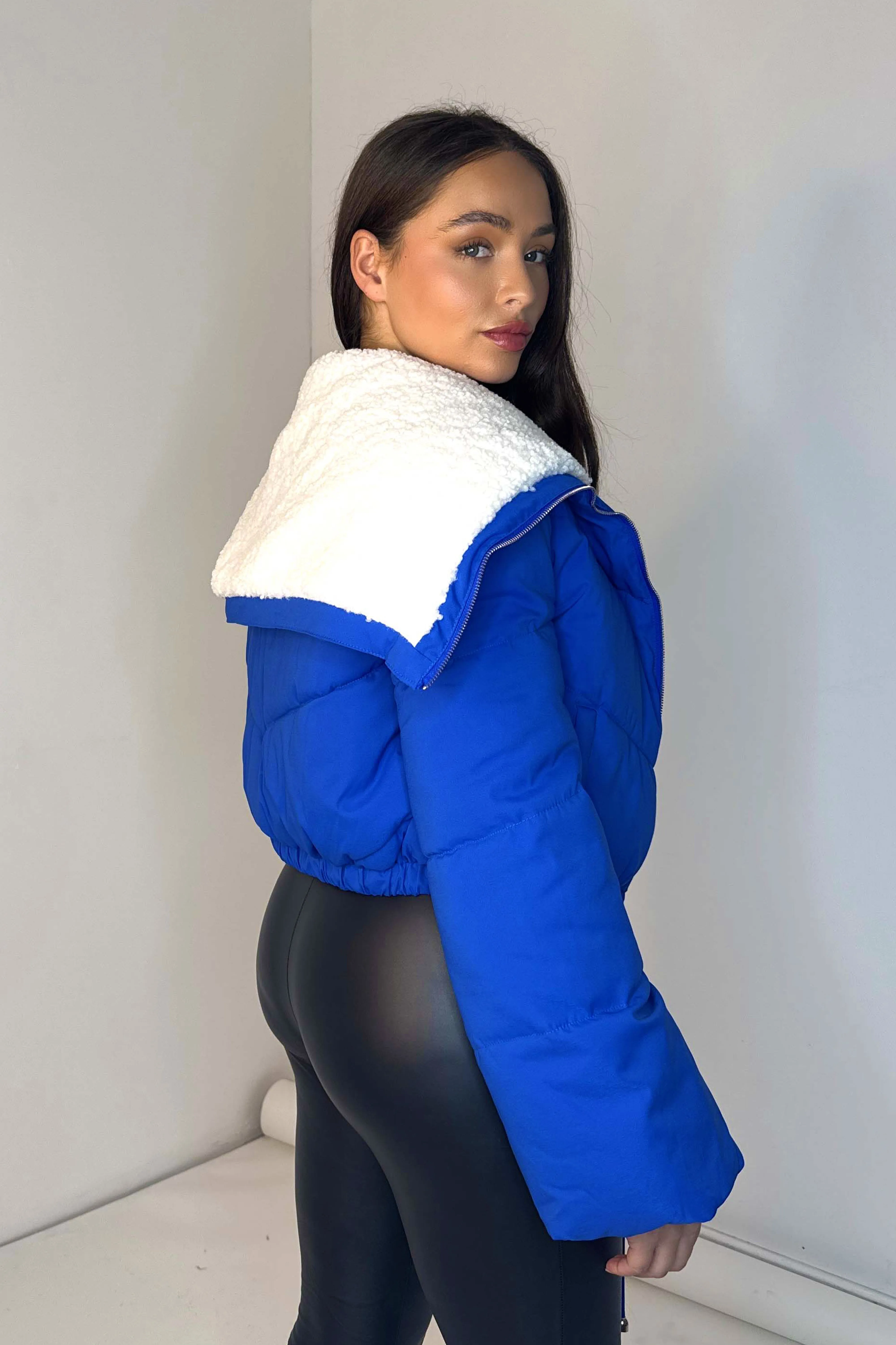 Borg Trim Bell Sleeve Cropped Spring Puffer Jacket