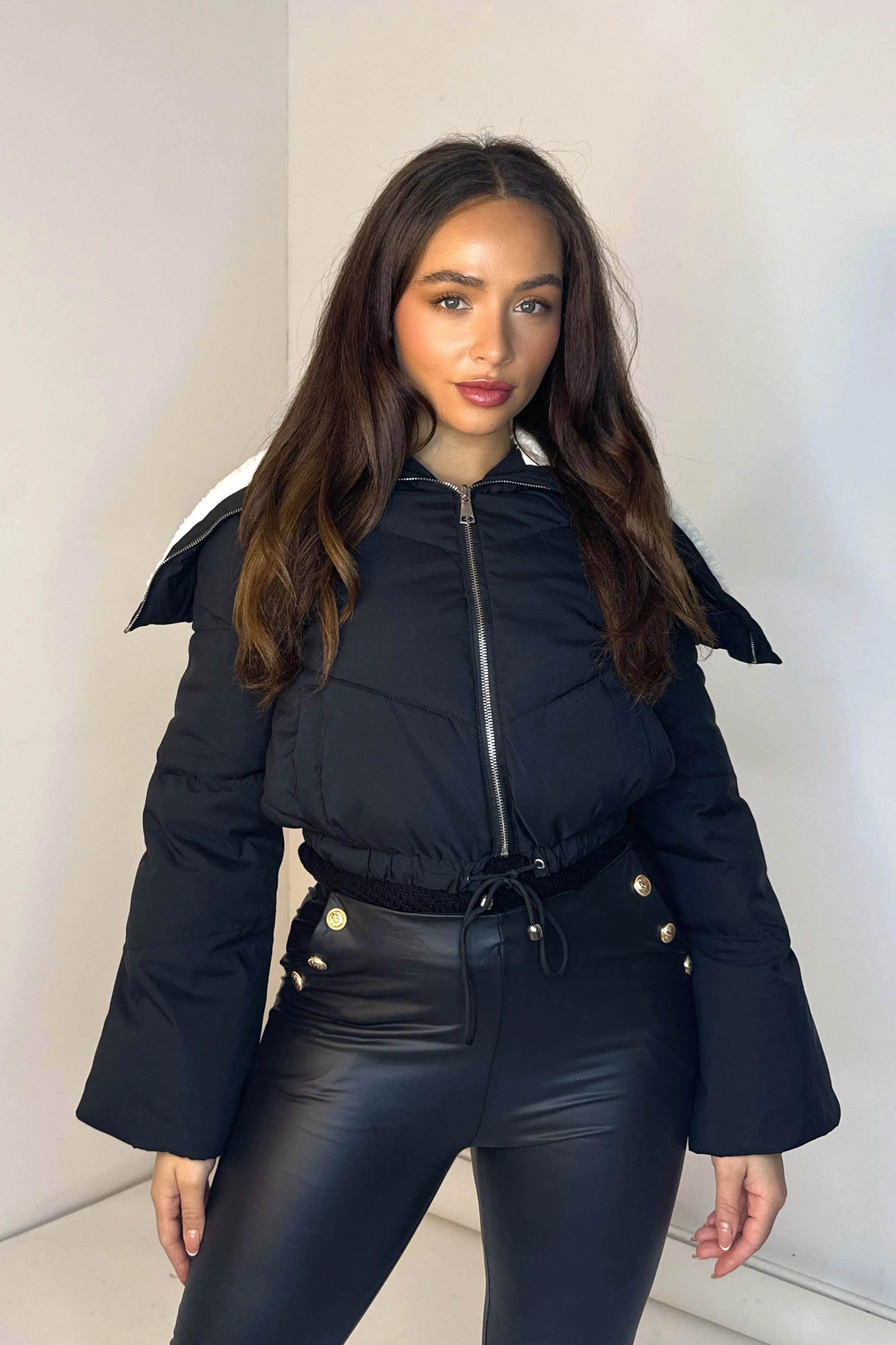 Borg Trim Bell Sleeve Cropped Spring Puffer Jacket