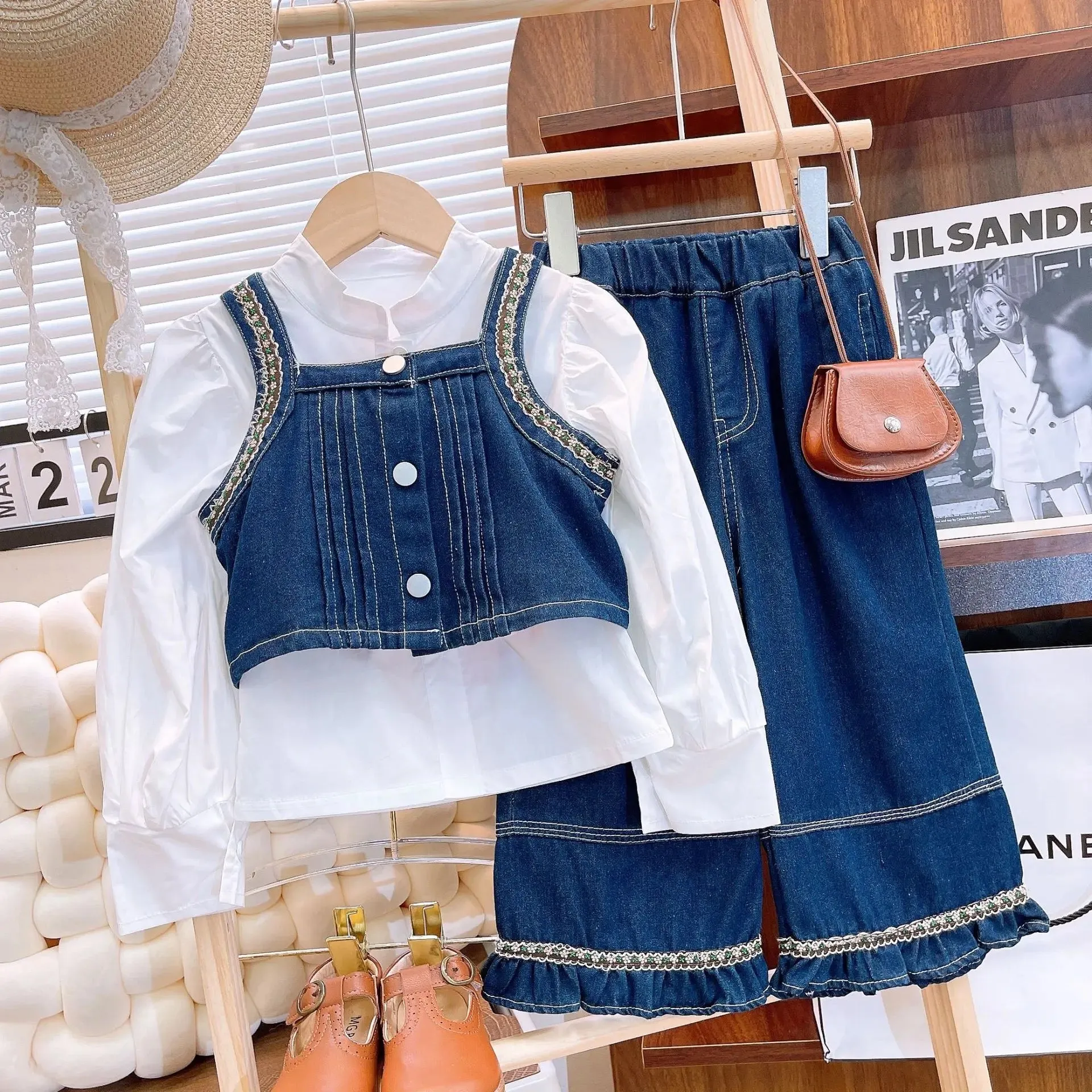 Girls Camisole Jacket With Shirt And Jeans 3 Pcs Set