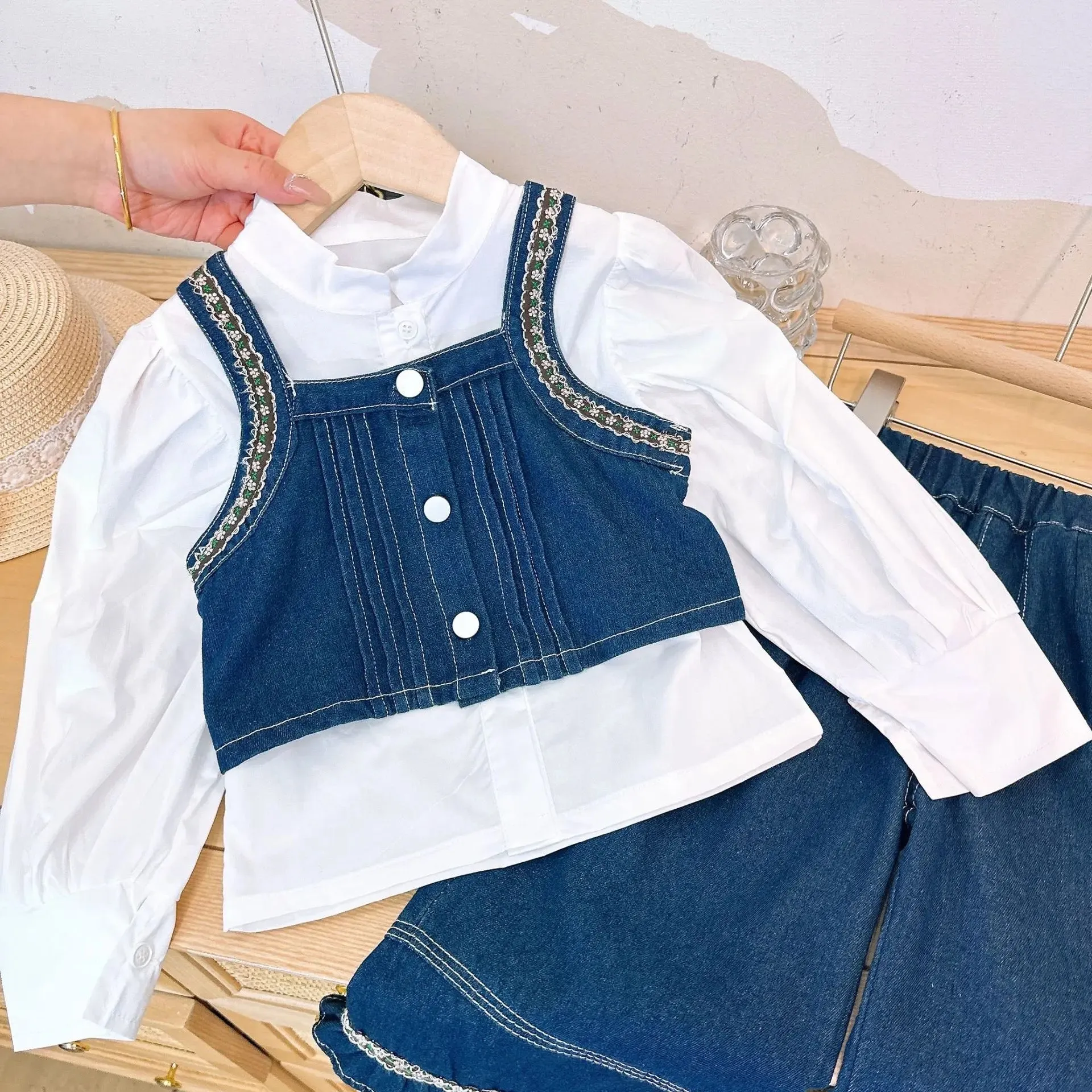 Girls Camisole Jacket With Shirt And Jeans 3 Pcs Set