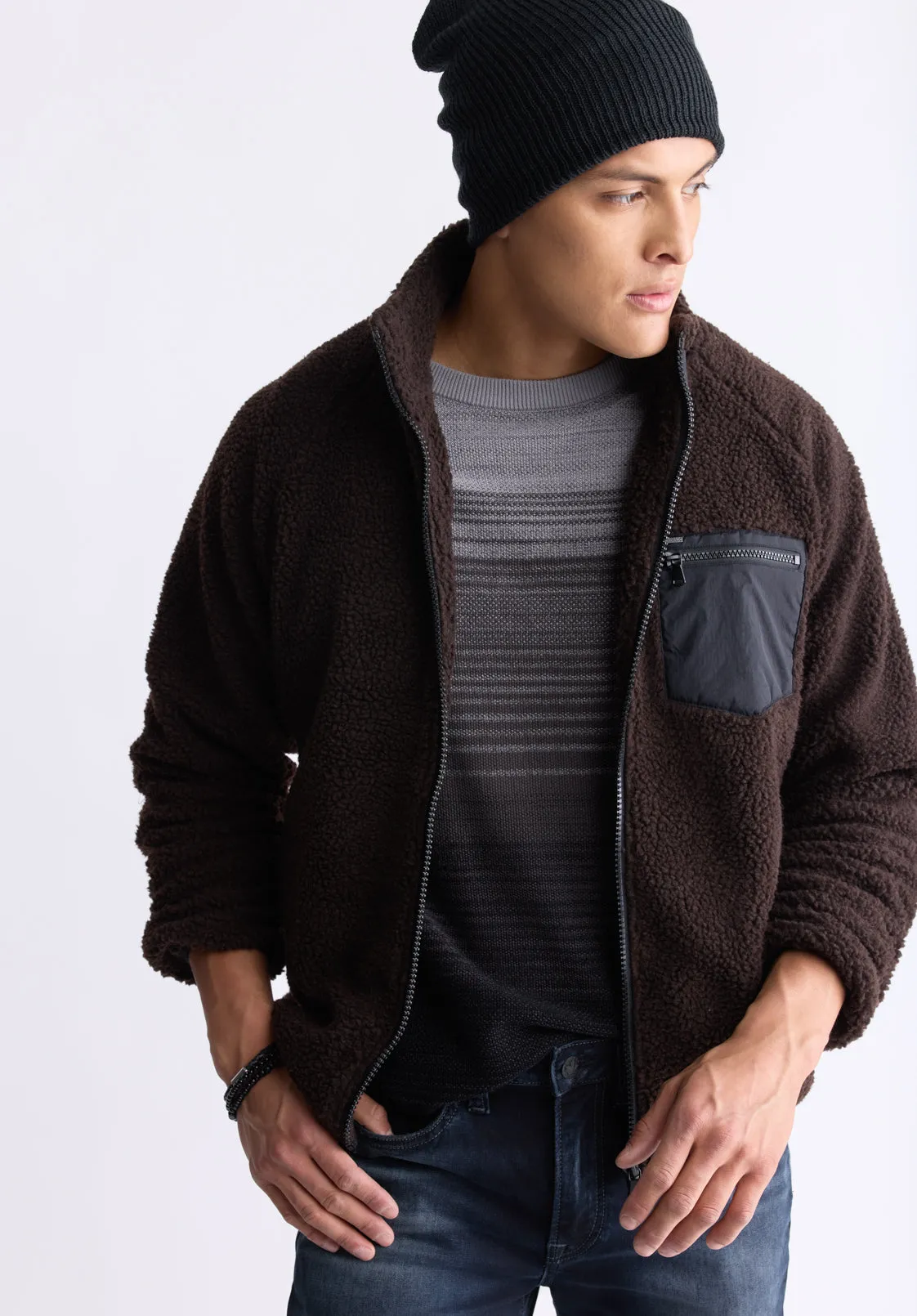 Jaik Men's Sherpa Bomber Jacket with Chest Pocket, Chocolate - BM24490