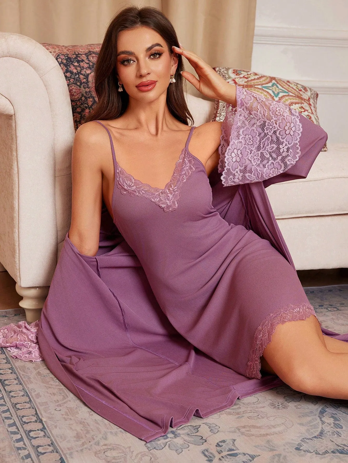 Standard Size Women Solid Color Lace Stitching Long Sleeve Coat And Sleeveless Camisole Dress Pajama Set