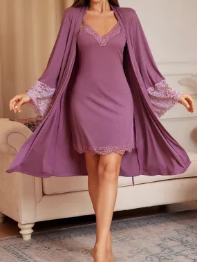 Standard Size Women Solid Color Lace Stitching Long Sleeve Coat And Sleeveless Camisole Dress Pajama Set