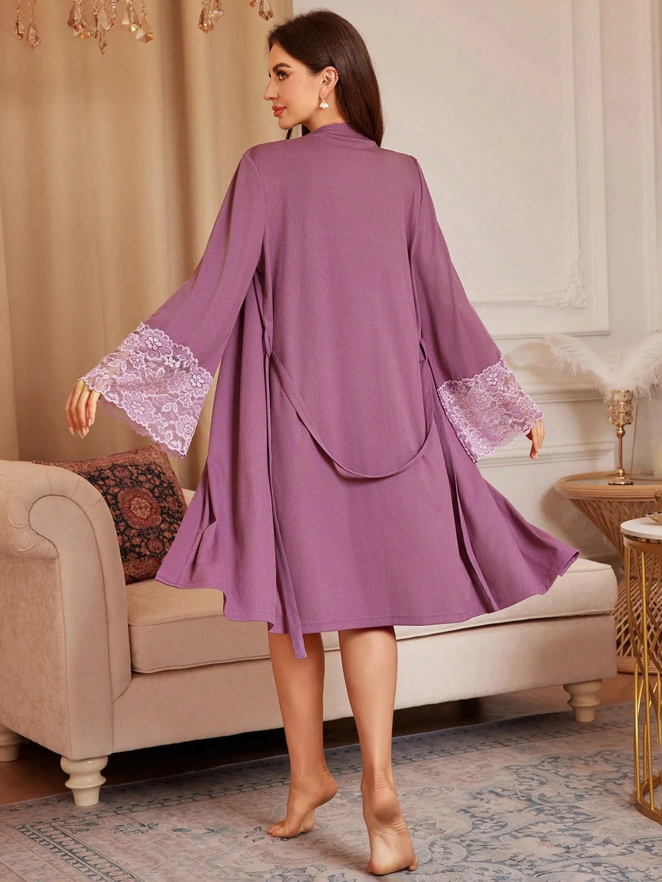 Standard Size Women Solid Color Lace Stitching Long Sleeve Coat And Sleeveless Camisole Dress Pajama Set