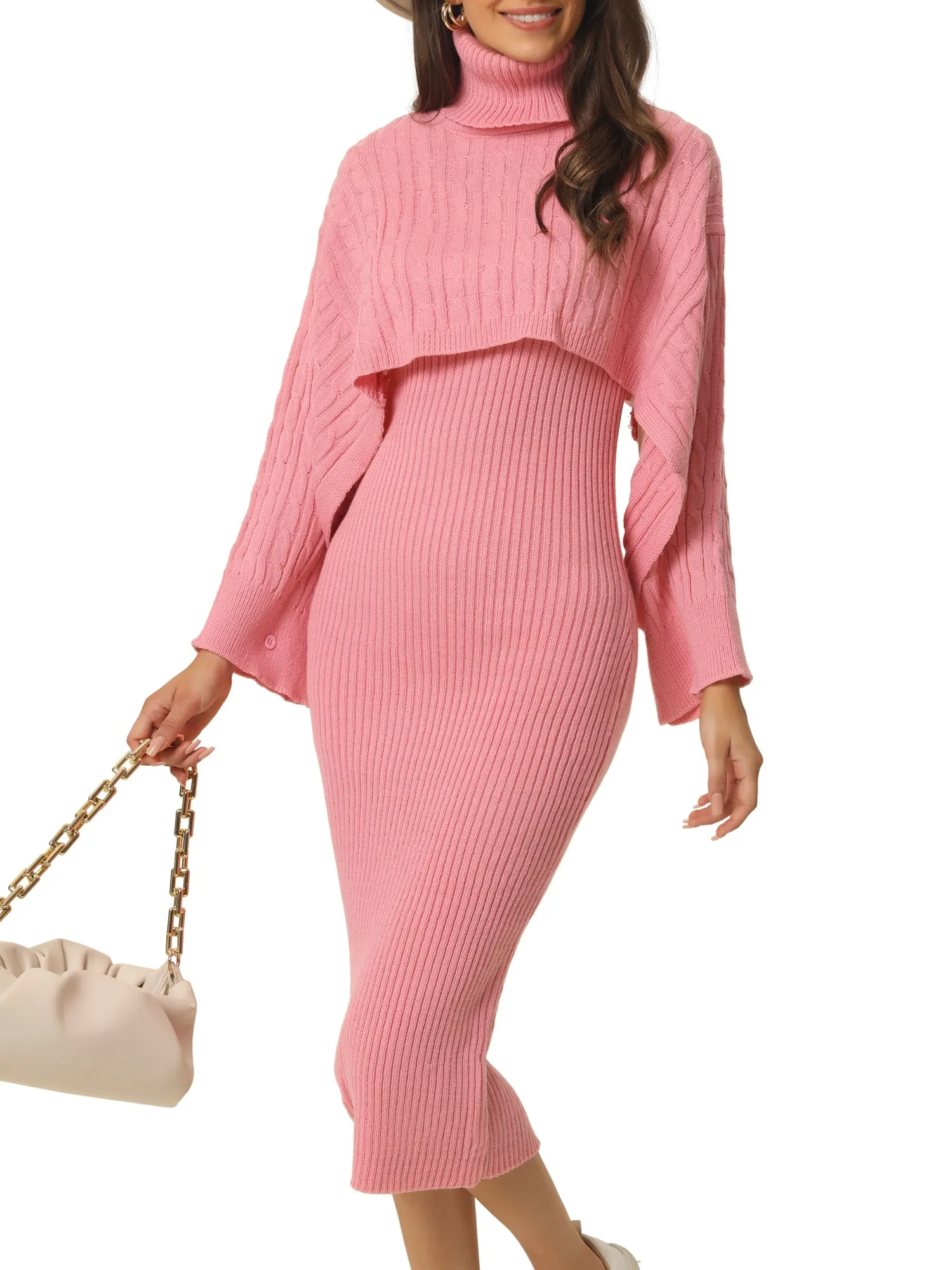 Women's 2023 Spring Fall 2 Piece Outfits Knitted Long Sleeve Turtleneck Sweaters with Tank Bodycon Midi Sweater Dress Set
