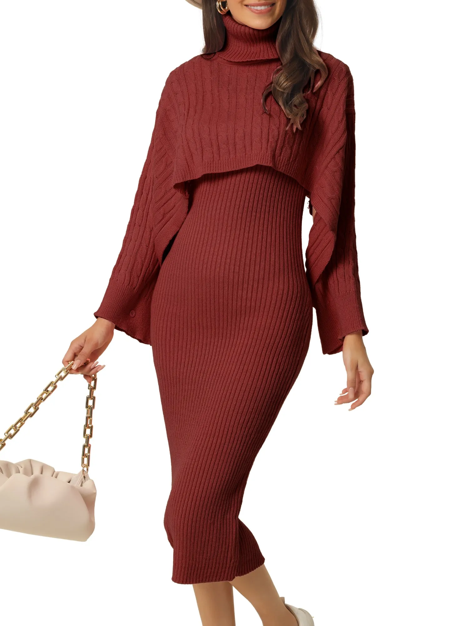 Women's 2023 Spring Fall 2 Piece Outfits Knitted Long Sleeve Turtleneck Sweaters with Tank Bodycon Midi Sweater Dress Set